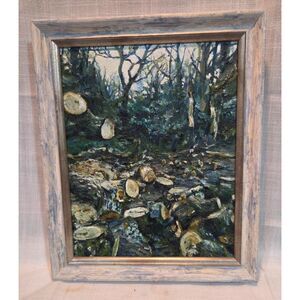 Original Woodland Landscape Painting Framed Forest Stream Rustic Art 11x12
